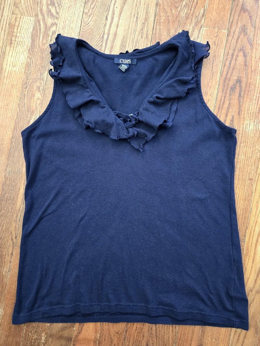 CHAPS Navy Blue Tank Top Size L Ruffle Collar V Neck Sleeveless Vacation